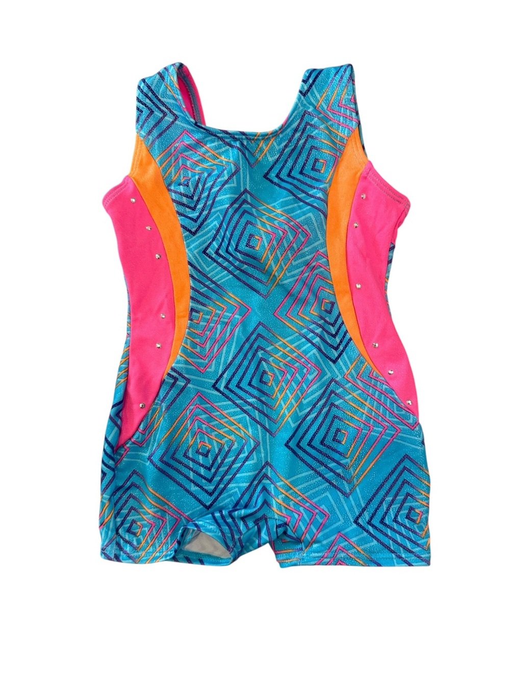 Freestyle Girls' Blue Geometric Tank Kids Leotard with Pink & Orange Panels